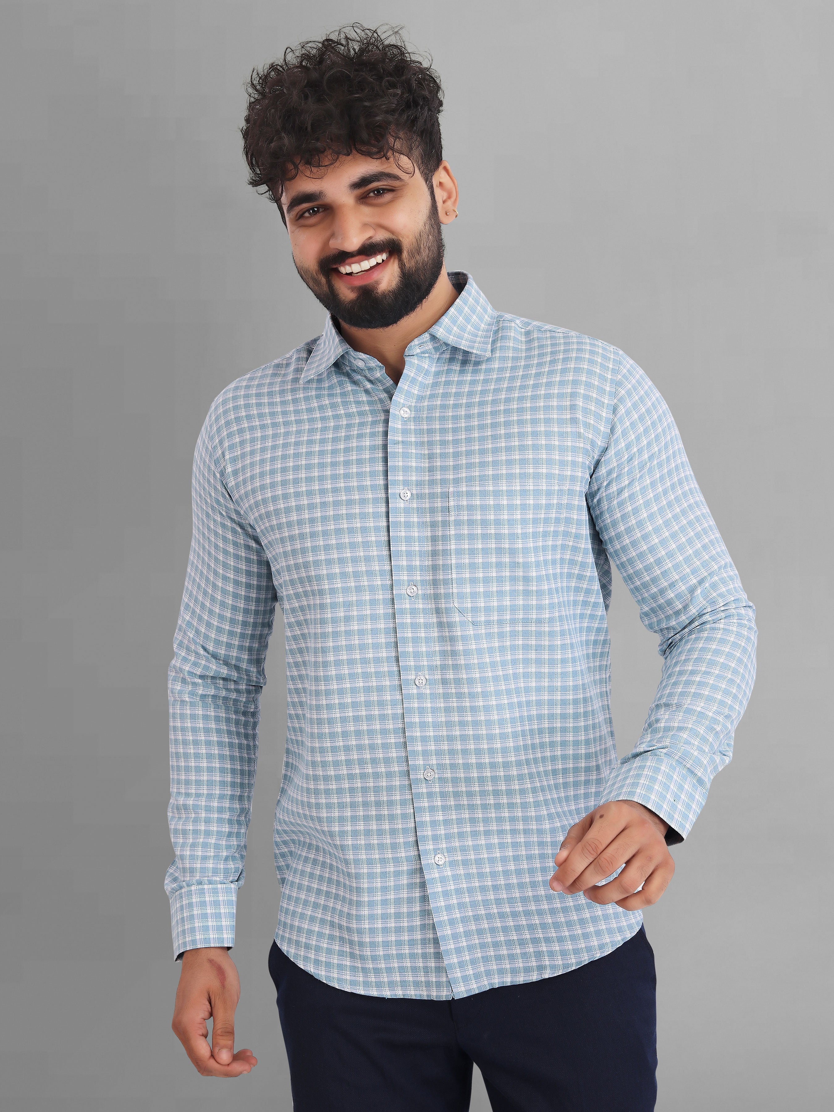 Trendy sky blue premium casual small box cotton checks shirt for men