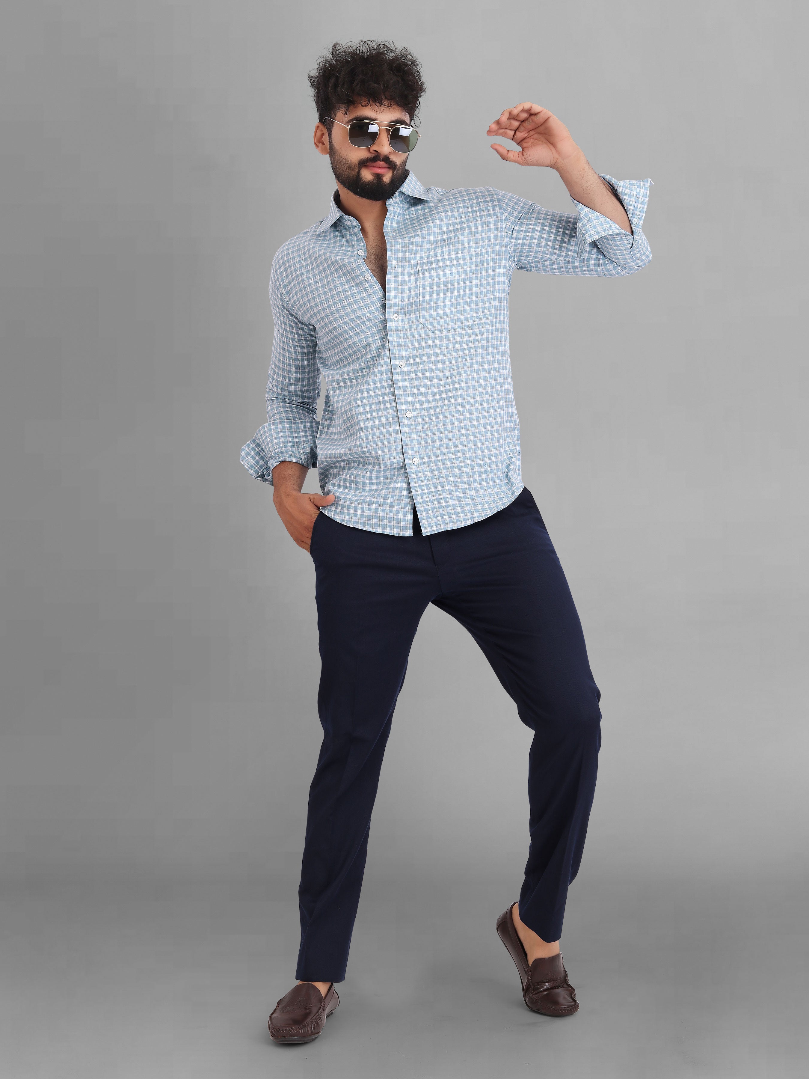 Trendy sky blue premium casual small box cotton checks shirt for men