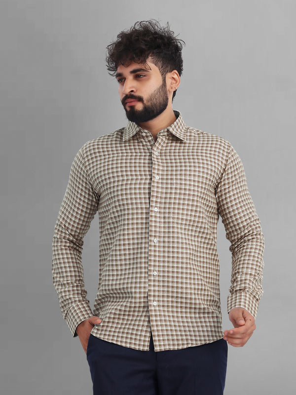 Trendy coffie premium Raw Umber casual small box cotton checks shirt for men